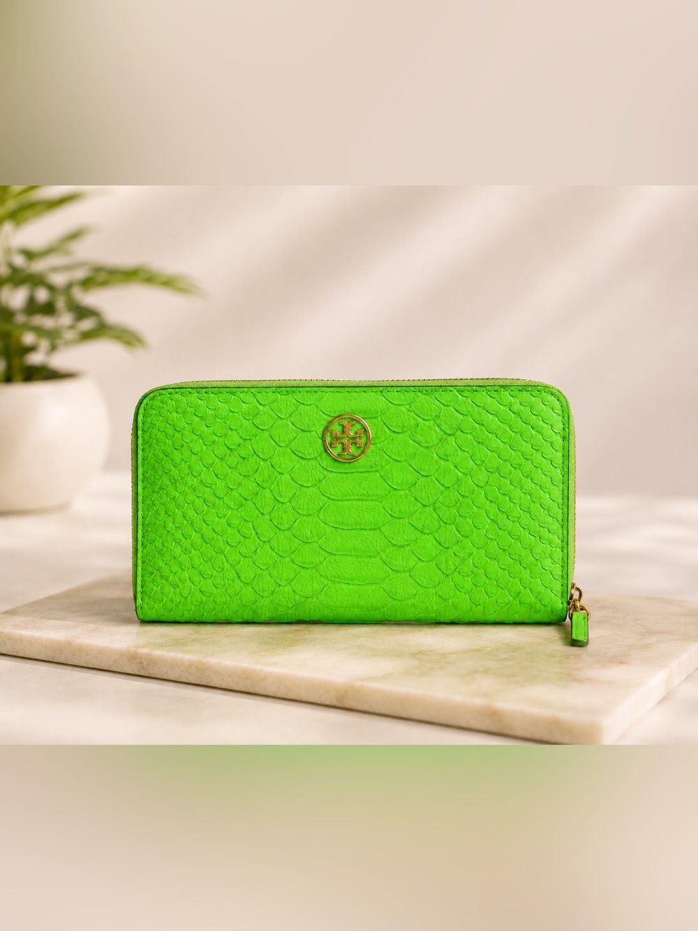 Tory Burch Vibrant Green Zip-Around Wallet with Gold Logo